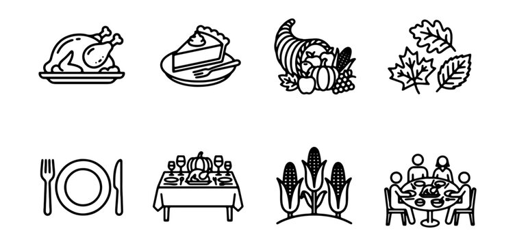 Thanksgiving Icons: Turkey, Pie, Cornucopia, Table Setting, Family Dinner
