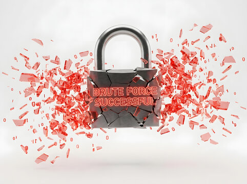 Impactful 3D render of a fractured padlock symbolizing a critical cybersecurity breach, illustrating digital data vulnerability and a successful brute force exploitation