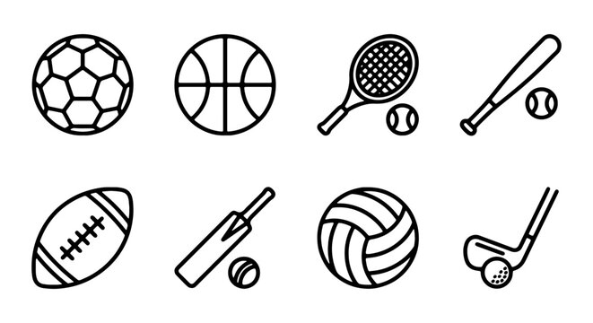 Sports Equipment Icons Set, Vector Graphics for Athletic Activities