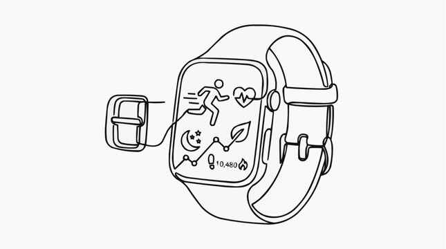 Smart Watch Activity Tracker: A line drawing illustration of a smartwatch displaying various activity icons, including running, heart rate, moon, leaf, and steps.