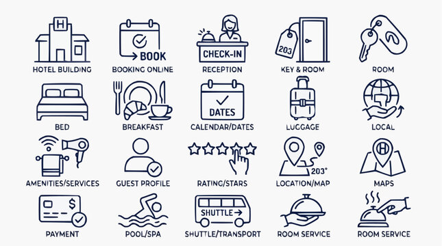 Hotel Service Icons: A collection of clear, modern line icons representing various hotel services and amenities, including booking, check-in, rooms, dining, and transportation.