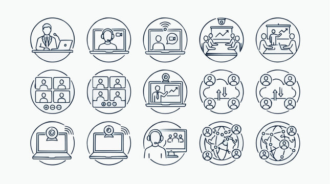 Online Communication and Collaboration Icons: A collection of circular icons illustrating various aspects of digital interaction, including video conferencing, online meetings, remote work.