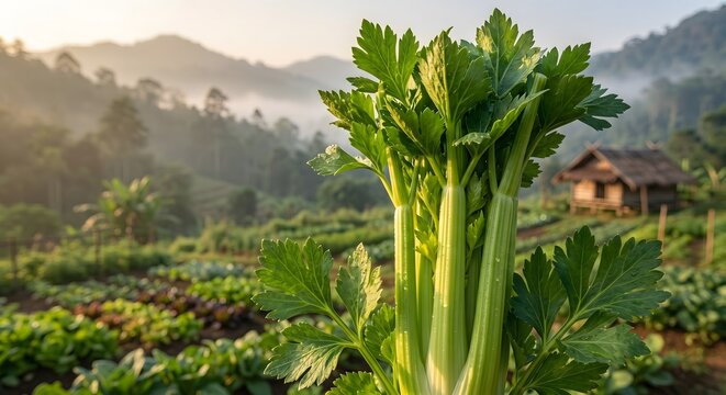 Fresh celery plant growing in mountain organic farm, rural plantation background with misty hills