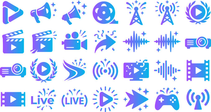 Media and entertainment icons set play button video camera projector sound waves live streaming.