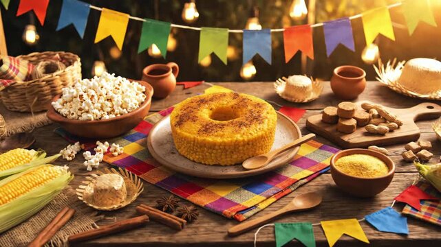 Traditional Brazilian corn cake served on a rustic Festa Junina table with festive decorations, warm countryside atmosphere and authentic S&atilde;o Jo&atilde;o celebration in cinematic 4K