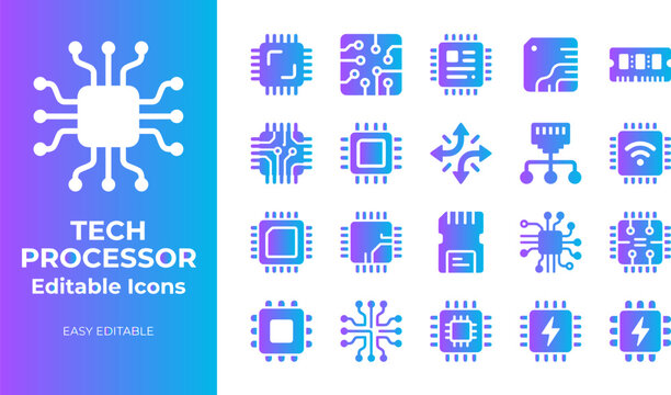 Tech processor editable icons set computer chip hardware cpu technology circuit electronic components symbols.