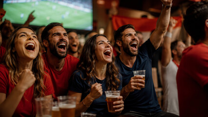 Friends celebrating soccer match in sports bar
