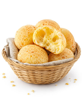 P&atilde;o de queijo brasileiro em cesta isolado em fundo branco