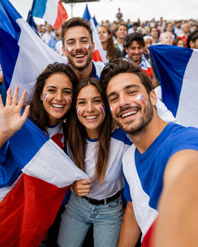 French football supporters taking selfie during soccer celebration