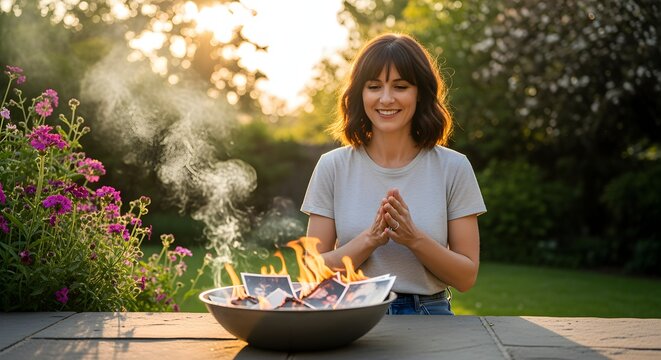 A woman looking empowered and happy, burning old photos (safely in a metal bowl) in her backyard as a symbolic release.