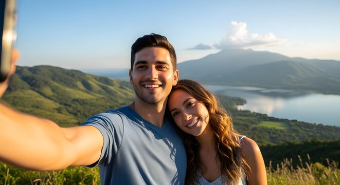 A young couple on a weekend getaway, taking a selfie with a beautiful landscape behind them.