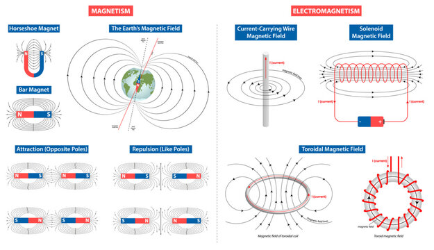 Magnetism and electromagnetism diagram with magnetic field lines and forces. Physics educational infographic showing bar magnet, Earth magnetic field, solenoid, toroid and current effects