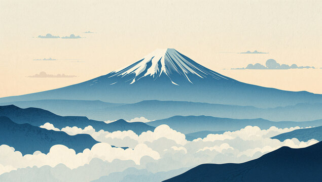 淡い朝空に富士山と雲海を配置した日本観光ポスター素材