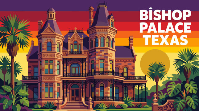 bishop palace texas mansion architecture landmark luxury historic american travel tourism estate heritage victorian design vector illustration