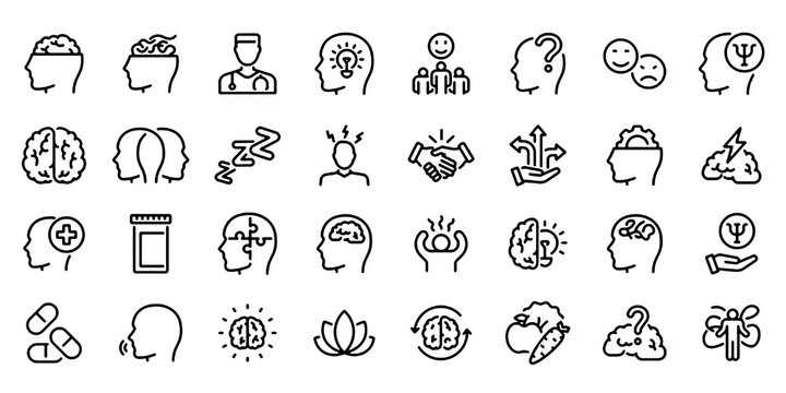 Mental Health Line Icon Set, Psychological Wellness Vector Transparent Background