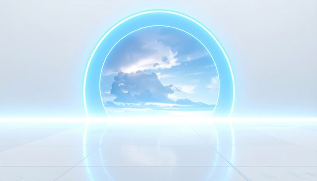 Luminous portal to a cloudy sky, reflected on a sleek, white floor