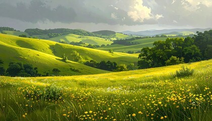 Fototapeta premium Rolling green hills bathed in sunlight, dotted with wildflowers under a dramatic sky