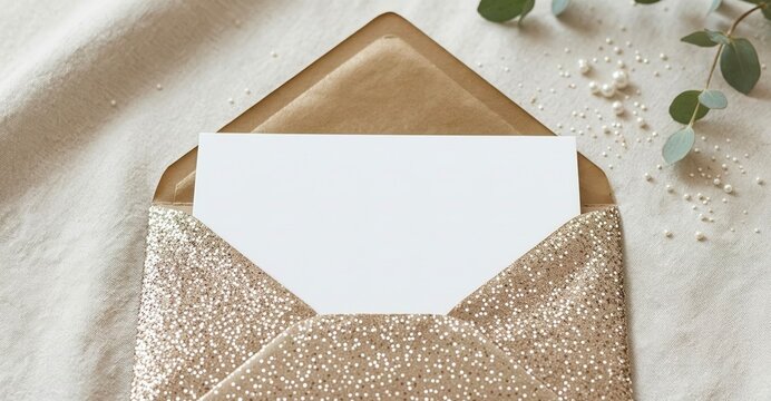 Glitter Envelope with White Card and Eucalyptus for Wedding Invitations