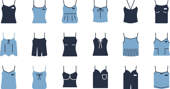 set of women&rsquo;s tops icons in blue and navy colors including camisoles tank tops and bras fashion apparel vector illustration collection.