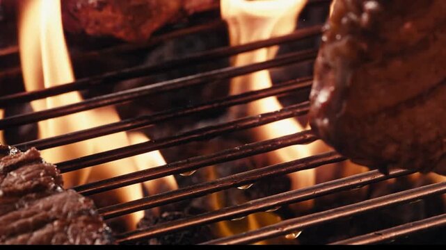 Close Up Grilled Steak Searing on Flaming BBQ Grill 4K  