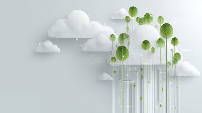 Green cloud computing concept with stylized leaf trees growing from abstract network lines for sustainable data center technology