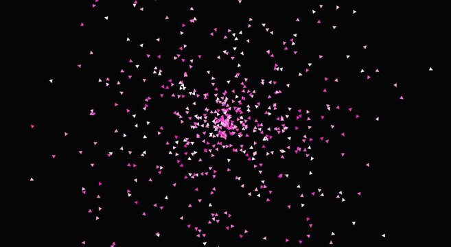 Pink animation white triangle particle explosion motion background, on black screen