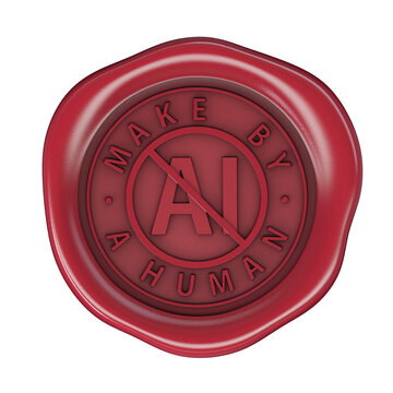 Wax seal "Make by a human", No-AI red icon. 3D Render with transparent background.