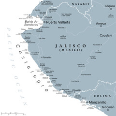 Fototapeta premium Costalegre, a part of the western coast of Mexico, gray political map. Beaches, capes and bays alongside the Pacific, between Puerto Vallarta, state of Jalisco, and Manzanillo, state of Colima. Vector
