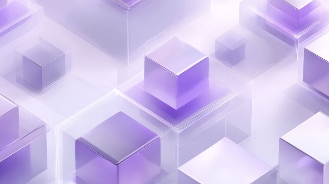 Elegant abstract geometric pattern background with layered semi transparent glass texture and soft purple cubes for premium brand wallpaper