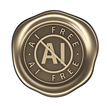 Wax seal "AI Free", No-AI golden icon. 3D Render with transparent background.