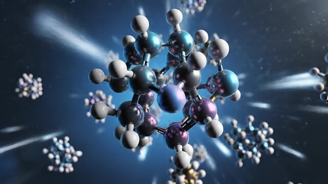 Abstract 3D molecular structure visualization with glowing particles.