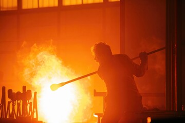 Fototapeta premium Craftsman Shaping Hot Molten Glass Near Industrial Furnace