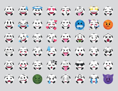 Set of 48 round white and black soccer ball emojis with different facial expressions: happy, naughty, crying, in love, sick, partying, surprised.