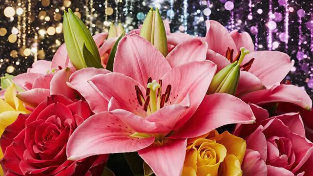 Beautiful Bouquet of Pink Lilies and Red Roses with Sparkling Background.
