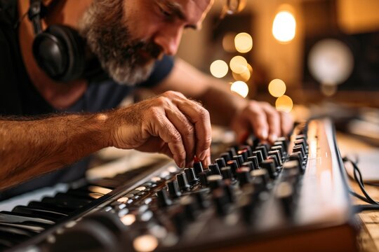 Music Producer Adjusting Analog Synthesizer Controls in Recording Studio