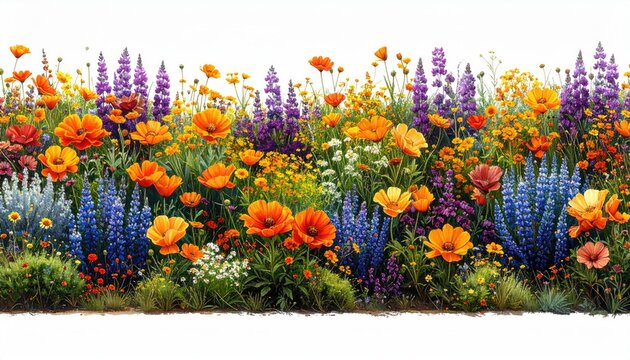 Vibrant meadow teeming with colorful wildflowers, including poppies and lavender