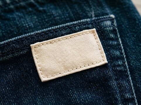 Close-up of a blank beige fabric label with stitching on a dark blue denim jean pocket, ready for your custom design
