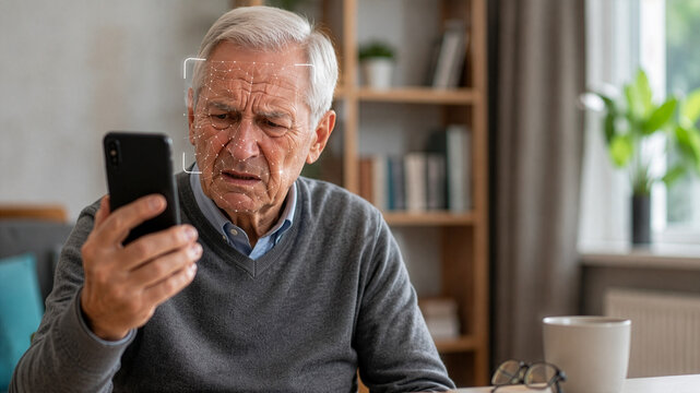 Senior man struggling with facial recognition on smartphone