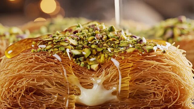 Delicious Kunafa with Pistachios and Honey Drizzle Closeup.