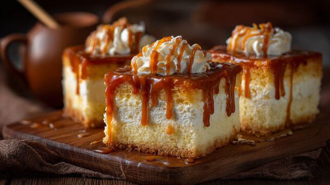Tres Leches Cake Slices with Caramel Sauce and Milk &ndash; Traditional Latin American Dessert