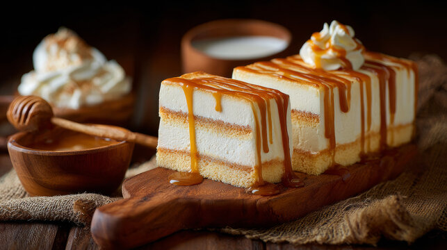 Tres Leches Cake Slices with Caramel Sauce and Milk &ndash; Traditional Latin American Dessert
