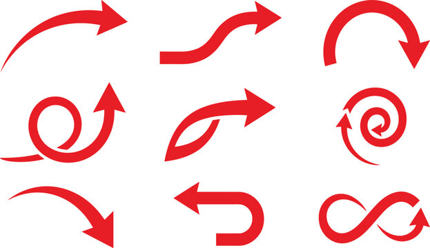 Red curved arrow vector icon set collection featuring dynamic wave spiral infinity loop and directional growth line elements