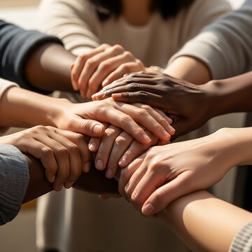 Diverse group of people stacking hands together in unity and teamwork