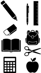 School supplies icons set including pencil, ruler, book, backpack, and apple