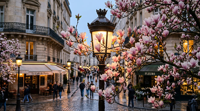 Spring blooming magnolia flowers in Paris street with people walking under lantern light
