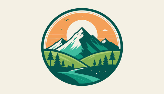 Scenic mountain landscape badge with forest and river.