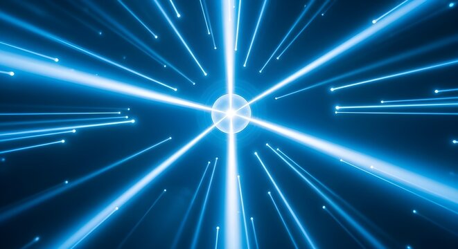 Bright blue light rays radiating from a central glowing orb in this dynamic digital photograph capturing high speed motion and futuristic energy in deep space travel