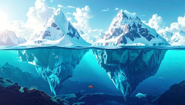 A split-screen illustration featuring icebergs above & below the water line, with a serene blue and underwater scenery