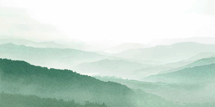 A serene morning mountain landscape filled with foggy valleys and misty pine forests under a dramatic sunrise sky with glowing clouds