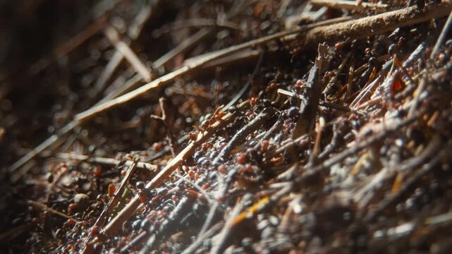 Macro shot of thatching ants crawling over a large anthill mound
